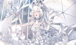  1girl :d absurdres animal_ear_fluff animal_ear_piercing animal_ears bare_shoulders bell bell_earrings blue_eyes breasts cage cat cat_ears cat_girl corset cross-laced_clothes cross-laced_corset detached_sleeves dress earrings eshi_100_nin_ten fangs fish frilled_dress frills hair_ornament heterochromia highres holding holding_umbrella jewelry kotarou_(kot_mochi) long_hair open_mouth original parasol paw_earrings scrunchie small_breasts smile solo strapless strapless_dress umbrella veil very_long_hair white_cat white_corset white_dress white_hair white_scrunchie white_sleeves white_umbrella white_veil wrist_scrunchie yellow_eyes 