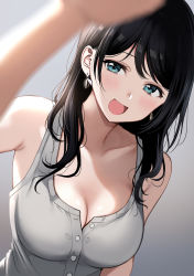 1girl :d absurdres aqua_eyes arm_at_side armpits bad_perspective bare_shoulders black_hair blue_eyes blurry blurry_foreground blush breasts cleavage collarbone earrings eyelashes grey_tank_top headpat highres incoming_headpat jewelry large_breasts long_hair looking_at_viewer makeup mascara medium_breasts nishizawa open_mouth original partially_unbuttoned pov reaching reaching_towards_viewer smile solo standing tank_top unbuttoned unbuttoned_shirt upper_body rating:Sensitive score:70 user:danbooru