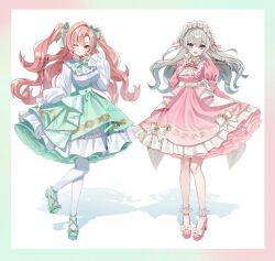  2girls :d ;) absurdres alternate_costume aqua_bow aqua_hair blush bow bowtie breasts closed_mouth commentary_request fingernails firefly_(honkai:_star_rail) frilled_hairband frilled_shirt frills full_body gradient_hair green_eyes green_skirt grey_hair hair_bow hairband hand_up high_heels highres honkai:_star_rail honkai_(series) large_breasts long_hair long_sleeves looking_at_viewer mihoyo multicolored_hair multiple_girls nicole_demara one_eye_closed open_mouth pantyhose petticoat pink_bow pink_bowtie pink_hair pink_shirt pink_shoes pink_skirt purple_eyes shadow shirt shoes simple_background skirt skirt_hold smile standing standing_on_one_leg tsukimori_mochi twitter_username two_side_up very_long_hair white_background white_bow white_pantyhose zenless_zone_zero 