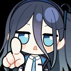  1girl animated animated_gif aqua_eyes aqua_necktie aris_(blue_archive) black_jacket blue_archive blue_hair blue_hairband blue_jacket blush_stickers chibi chunye_haruya collared_shirt d: disembodied_hand dot_nose fourth_wall hair_between_eyes hairband jacket jitome long_bangs long_hair long_hair_between_eyes looking_at_viewer lowres lucky_star multicolored_jacket necktie one_side_up open_clothes open_jacket open_mouth parody poking pov school_uniform second-party_source shirt simple_background solo transparent_background upper_body v-shaped_eyebrows white_jacket white_shirt 