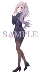  1girl black_pantyhose black_shoes blue_jacket blue_skirt blush breasts closed_mouth commentary_request finger_to_mouth high_heels high_ponytail index_finger_raised jacket kageishi_sumire long_hair long_sleeves looking_at_viewer looking_back office_lady pantyhose ponytail purple_eyes purple_hair sample_watermark shoes shushing simple_background skirt smile solo standing tomari_(veryberry00) tomodachi_no_imouto_ga_ore_ni_dake_uzai watermark white_background 
