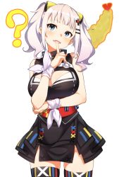 1girl ? bare_shoulders black_dress blue_eyes blush breasts cleavage cleavage_cutout clothing_cutout d-pad d-pad_hair_ornament dress female_focus finger_in_own_mouth hair_ornament hairclip hatakenaka_(kamagabuchi) head_tilt highres index_finger_raised kaguya_luna large_breasts long_hair looking_up obi open_mouth ribbon sash silver_hair simple_background sleeveless sleeveless_dress smile solo striped_clothes striped_thighhighs the_moon_studio thighhighs thighs twintails virtual_youtuber white_background white_ribbon wrist_ribbon x_hair_ornament rating:Sensitive score:14 user:danbooru