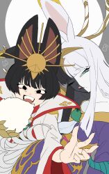  1boy 1girl :q ;q animal_ears asahi_sas_brutus black_eyes black_hair black_skin blue_eyes blunt_bangs brother_and_sister collarbone colored_skin final_fantasy final_fantasy_xiv glaa_da grey_background highres hyur japanese_clothes kimono long_hair looking_at_viewer mole mole_under_mouth multicolored_hair multicolored_skin one_eye_closed open_mouth purple_kimono rabbit_ears short_hair siblings smile split-color_hair split-color_skin tongue tongue_out tsukuyomi_(ff14) two-tone_hair two-tone_skin upper_body white_hair white_skin 
