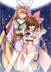 2girls breasts female_focus full_moon gap_(touhou) grabbing_another&#039;s_breast groping hakurei_reimu japanese_clothes ji_(labyrinth_of_phantasia) kimono moon multiple_girls orokanahime short_kimono thighhighs touhou yakumo_yukari yuri rating:Sensitive score:8 user:danbooru