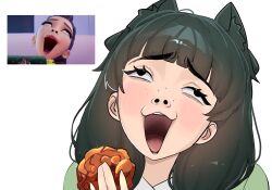  1girl absurdres blush eternalchan food green_hair highres holding holding_food kpop_demon_hunters kusuriya_no_hitorigoto long_hair looking_up maomao_(kusuriya_no_hitorigoto) meme open_mouth rumi_(kpop_demon_hunters) rumi_sniffing_kimbap_(meme) solo 
