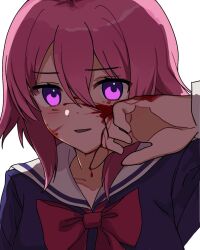  1girl black_dress blood blood_on_face blood_on_hands bow breasts chaos;child chest_bow dress hair_between_eyes hekiho_academy_school_uniform highres long_sleeves looking_at_viewer onoe_serika open_mouth original pink_hair purple_eyes sailor_collar school_uniform short_hair short_hair_with_long_locks sidelocks smile solo user_dwmj3838 white_sailor_collar wiping_blood yandere 