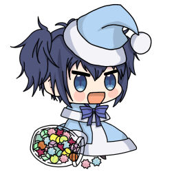  &gt;:d 1girl blue_dress blue_eyes blue_hair blue_ribbon blush candy candy_jar chibi code4matt dark_blue_hair double_bun dress eyebrows food gradient_eyes hair_bun happy_sugar_life hat holding holding_jar jar koube_shio messy_hair multicolored_eyes neck_ribbon nightcap open_mouth padoru_(meme) ribbon short_hair simple_background smile solo sparkling_eyes white_background 