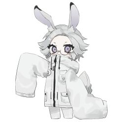  1boy :&lt; animal_ear_fluff animal_ears aotsuki_eito arm_up coat cropped_legs drawstring eyelashes glasses grey_eyes grey_hair kemonomimi_mode long_sleeves looking_at_viewer male_focus popped_collar rabbit_ears rabbit_tail ringed_eyes simple_background sleeves_past_fingers sleeves_past_wrists solo sparrowhabird tail the_hundred_line_-last_defense_academy- white_background white_coat white_theme zipper zipper_pull_tab 