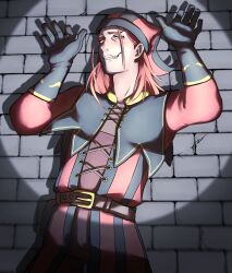 1boy belt black_gloves brick_wall brown_belt cicero_(skyrim) gloves highres jester looking_at_viewer male_focus orange_eyes red_hair solo spotlight the_elder_scrolls the_elder_scrolls_v:_skyrim torippi_(tadanotoribird) upper_body