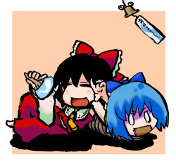  0_0 2girls ascot black_hair blue_bow bound bow cirno closed_eyes commentary_request frilled_bow frills full_body gag hair_bow hakurei_reimu hand_fan improvised_gag kazuiyun multiple_girls open_mouth pink_background pyonta reclining red_bow red_shirt red_skirt shirt short_hair skirt skirt_set smile tape tape_gag tied_up_(nonsexual) touhou translation_request two-tone_background white_background yellow_ascot 