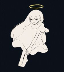  1girl absurdres closed_eyes closed_mouth double-parted_bangs dress full_body greyscale halo highres knees_up long_hair mari_(omori) mari_(spirit)_(omori) mkn364 monochrome omori rope_marks short_sleeves simple_background smile solo 