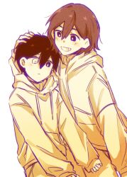  2boys antenna_hair bailan1130 black_hair brown_hair cataracts closed_mouth grin headpat highres hood hoodie kel_(faraway)_(omori) kel_(omori) long_sleeves looking_at_another male_focus multiple_boys omori parted_lips partially_colored shorts smile spoilers sunny_(omori) teeth 
