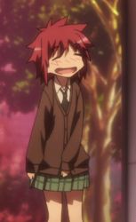  10s 1girl animated animated_gif anime_screenshot blush boku_wa_tomodachi_ga_sukunai cardigan fang happy lowres necktie non-web_source red_hair school_uniform skirt standing swaying yusa_aoi  rating:General score:61 user:danbooru