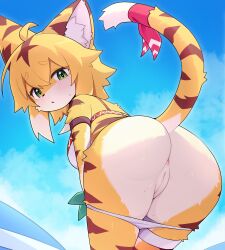  1girl :o absurdres ahoge animal_ears anus armband ass ass_focus bikini bikini_pull blonde_hair blue_sky blush body_fur breasts brown_hair clothes_pull dev_voxy from_behind furry furry_female green_eyes heart heart-shaped_pupils highres looking_back mia_(world_flipper) multicolored_fur multicolored_hair outdoors pussy ribbon sky solo striped_fur sweat swimsuit symbol-shaped_pupils tail tail_ornament tail_raised tail_ribbon thigh_strap thighs tiger_ears tiger_girl tiger_tail two-tone_hair uncensored white_hair world_flipper 