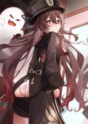 1girl :t ass black_headwear black_shorts blush boo_tao_(genshin_impact) brown_hair chinese_clothes clothes_pull coattails collared_coat flower flower-shaped_pupils from_side genshin_impact ghost hair_between_eyes hat hat_flower highres hu_tao_(genshin_impact) indoors long_hair long_sleeves looking_at_viewer mirror nose_blush panties pants pants_pull porkpie_hat pout red_eyes reflection shorts standing symbol-shaped_pupils tailcoat underwear undressing very_long_hair white_panties yutoriko_(candy0905) rating:Sensitive score:44 user:danbooru