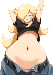  1girl blonde_hair blue_eyes blush denim earrings jeans jewelry long_hair mario_(series) navel navellunatic nintendo open_fly panties pants panty_peek rosalina solo stretching super_mario_odyssey tagme underwear 