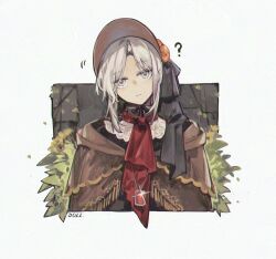  1girl ? ascot bloodborne bonnet closed_mouth flower frown grey_eyes grey_hair hair_flower hair_ornament hat hood hood_down long_sleeves looking_at_viewer parted_bangs plain_doll red_ascot rirene_rn short_hair solo 