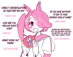  1girl absurdres animal_ears apple award_ribbon blush comely_material_morning_(horse_race_tests) english_text food fruit hair_over_one_eye highres holding holding_food holding_fruit horse_ears horse_girl horse_race_tests open_mouth pink_eyes pink_hair pink_shirt sailor_collar shirt short_hair side_ponytail simple_background solo starlinkman two-tone_shirt upper_body white_background white_shirt 