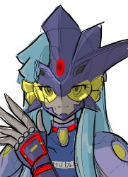 Rule 34 | 1girl, armor, blue hair, broken helmet, cracked helmet, digimon, digimon (creature), female focus, gloves, highres, hudiemon, long hair, looking at viewer, shoulder armor, solo, solo focus, tinted eyewear, yellow-tinted eyewear