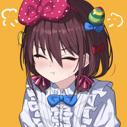 1girl =_= blue_bow blush bow brown_hair chinese_commentary closed_mouth commentary dress girls_band_cry highres iseri_nina orange_background polka_dot polka_dot_bow puff_of_air short_hair short_twintails simple_background solo twintails white_dress yun_cao_bing