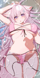 1girl absurdres animal_ears antenna_hair bikini blush braid braided_bun breasts caustics commentary crown_braid fingernails gluteal_fold groin hair_between_eyes hair_bun hair_ornament hair_ribbon hakui_koyori highres hiro_(phese) hololive large_breasts long_hair looking_at_viewer lying lying_on_water multicolored_eyes navel on_back open_mouth pink_bikini pink_eyes pink_hair pink_lips purple_eyes red_ribbon ribbon solo stomach swimsuit tail thighs two-tone_eyes untied_bikini_bottom virtual_youtuber water wolf_ears wolf_girl wolf_tail