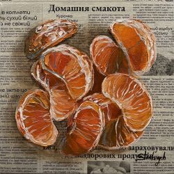 Rule 34 | absurdres, food, food focus, fruit, highres, julia stankevych, mandarin orange, newspaper, no humans, oil painting (medium), original, painting (medium), realistic, signature, still life, traditional media, wall of text