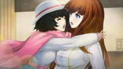 2girls black_hair blue_eyes blue_skirt bow breasts closed_eyes collared_shirt crying game_cg glomp happy_tears hat high-waist_skirt highres hug huke impossible_clothes large_breasts long_hair long_sleeves medium_hair multiple_girls official_art open_mouth pink_bow pink_sash pink_stripes red_hair red_scarf ringed_eyes sash scarf shiina_kagari shiina_mayuri shirt skirt steins;gate steins;gate_0 surprised tears tongue waist_bow waist_sash white_shirt winter_clothes yellow_trim