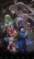 5girls adjusting_clothes adjusting_gloves aiguillette animal_ears apple black_streaks blonde_hair blue_coat blue_eyes blue_hair blue_jacket blue_necktie bluehead_white_dragon braid braided_sidelock breasts brown_eyes brown_hair ceres_fauna ceres_fauna_(1st_costume) cloak clock closed_eyes coat coat_on_shoulders crop_top crop_top_overhang dark-skinned_female dark_skin dice earrings feather_hair_ornament feathers floating_hair food friend_(nanashi_mumei) fruit gloves golden_apple green_hair hair_between_eyes hair_intakes hair_ornament hairclip hakos_baelz hakos_baelz_(1st_costume) high_ponytail highres holocouncil hololive hololive_english hood hooded_cloak jacket jewelry large_breasts limiter_(tsukumo_sana) long_hair looking_at_viewer mouse_ears multicolored_hair multicolored_skirt multiple_girls nanashi_mumei nanashi_mumei_(1st_costume) navel necktie official_alternate_costume ouro_kronii ouro_kronii_(4th_costume) pleated_skirt ponytail red_hair sideboob sidelocks skirt streaked_hair thigh_strap tree_horns tsukumo_sana tsukumo_sana_(1st_costume) twintails very_long_hair virtual_youtuber wavy_hair white_gloves white_streaks wolf_cut yatagarasu_(tsukumo_sana) yellow_eyes