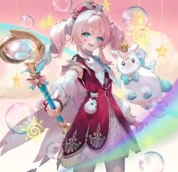 1girl air_bubble aqua_eyes aqua_hair bubble detached_sleeves dress drill_hair gradient_hair hanato_(seonoaiko) holding honkai:_star_rail honkai_(series) hyacine_(honkai:_star_rail) layered_dress little_ica_(honkai:_star_rail) long_sleeves looking_at_viewer multicolored_hair open_mouth pantyhose pink_hair red_dress smile solo teeth twin_drills twintails upper_teeth_only white_dress white_pantyhose