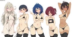 5girls absurdres arm_under_breasts armpits arms_behind_head arms_up averting_eyes basori_tiara bikini black_bikini black_hair black_slingshot_swimsuit black_thighhighs blue_eyes blue_hair blush breasts cat_cutout cat_lingerie cleavage_cutout clothing_cutout commentary_request covered_erect_nipples food-themed_hair_ornament frilled_bikini frills gluteal_fold grey_hair groin hair_ornament hair_over_one_eye highres komari_chika large_breasts lemon_hair_ornament looking_at_viewer make_heroine_ga_oo_sugiru! medium_breasts meme_attire micro_bikini mole mole_on_neck mole_on_thigh multiple_girls navel nipples one_breast_out one_eye_covered one_side_up purple_eyes red_hair roswell_ss shikiya_yumeko side-tie_bikini_bottom slingshot_swimsuit small_breasts stomach strapless sweat swimsuit teeth thigh_gap thighhighs tube_top untied_bikini untied_bikini_bottom v wide-eyed yakishio_lemon yanami_anna yellow_eyes