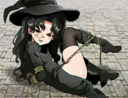 1girl amon_(lord_of_the_mysteries) arms_behind_back bdsm black_boots black_cloak black_eyes black_hair blush bondage boots bound bound_arms bound_wrists chinese_commentary cloak commentary_request genderswap genderswap_(mtf) hat kikinotamai long_hair long_sleeves looking_at_viewer lord_of_the_mysteries monocle open_mouth restrained smile solo thighhighs twintails witch_hat