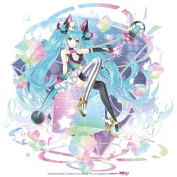 1girl aqua_eyes aqua_hair artist_name asymmetrical_legwear black_shoes black_thighhighs commentary_request copyright_notice cube diamond_facial_mark facial_mark hat hatsune_miku holding holding_wand kei_(keigarou) logo long_hair magical_mirai_(vocaloid) magical_mirai_miku magical_mirai_miku_(2019) microphone_wand mini_hat mini_top_hat mismatched_legwear mismatched_shoes official_art second-party_source shoes solo star_(symbol) striped_clothes striped_thighhighs thighhighs top_hat twintails very_long_hair vocaloid wand white_background white_hat white_shoes