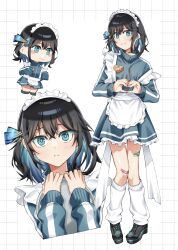1girl alternate_costume apron aqua_eyes aqua_jacket aqua_skirt bandaid bandaid_on_leg black_hair black_shoes chibi chibi_inset closed_mouth frilled_apron frilled_skirt frills heart heart_hands highres holding holding_tray jacket jersey_maid leg_warmers looking_at_viewer maid maid_apron maid_headdress medium_hair miniskirt miyamai_moca multiple_views name_tag shoes skirt standing tere_douga track_jacket tray unconventional_maid voicepeak white_apron white_leg_warmers