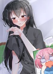 Rule 34 | 2girls, absurdres, amaori renako, arm support, bedroom, black hair, black pajamas, blue pajamas, blush, embarrassed, hair ornament, hairclip, hand up, highres, indoors, koto satsuki, long hair, multiple girls, open mouth, ozawa sayori, pajamas, parallel hairclips, parted lips, pink hair, red eyes, shaded face, short hair, short sleeves, sitting, solo focus, spoken blush, surprised, sweatdrop, upper body, watashi ga koibito ni nareru wake naijan murimuri!, wavy mouth, x hair ornament, yuri
