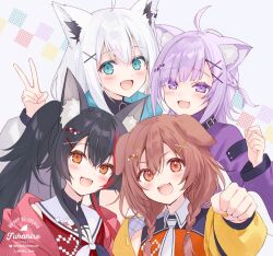 4girls :d ahoge alternate_costume animal_ear_fluff animal_ears aqua_eyes artist_name black_hair blush brown_eyes brown_hair cat_ears cat_girl commentary_request dog_ears dog_girl double-parted_bangs eyes_visible_through_hair fang fingernails fox_ears fox_girl fukahire_(ruinon) hair_ornament hololive hololive_gamers inugami_korone jacket long_hair long_sleeves looking_at_viewer low_twintails multicolored_hair multiple_girls nekomata_okayu ookami_mio open_mouth orange_shirt ponytail purple_eyes purple_hair red_hair red_jacket red_shirt shirakami_fubuki shirt skin_fang smile streaked_hair teeth twintails twitter_username upper_body upper_teeth_only v virtual_youtuber white_hair wolf_ears wolf_girl x_hair_ornament yellow_jacket yellow_nails