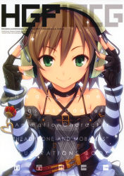 Rule 34 | 10s, 1girl, bare shoulders, belt, black gloves, blush, bracelet, brown hair, cover, cover page, cuffs, detached sleeves, dress, female focus, fingerless gloves, gloves, green eyes, handcuffs, headphones, highres, hiiro yuki, idolmaster, idolmaster cinderella girls, jewelry, scan, short hair, skirt, smile, solo, striped, tada riina