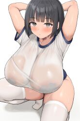 1girl arms_behind_head bandages bandaid bandaids_on_nipples black_hair blue_shorts blush breasts brown_eyes buruma cleavage gym_shirt gym_shorts gym_uniform huge_breasts mole mole_under_eye neneneji no_bra original pasties see-through_clothes see-through_shirt shirt short_hair short_shorts shorts skindentation solo squatting sweat sweaty_clothes t-shirt thighhighs wet wet_clothes wet_shirt white_background white_shirt white_thighhighs