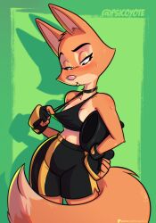 1girl animal_ears animal_nose blush breasts brown_eyes choker clothes_pull crop_top curvy diane_foxington dreamworks fox fox_ears fox_girl fox_tail furry furry_female green_background gym_shorts gymwear highres long_ears medium_breasts narrowed_eyes navel orange_fur psicoyote shadow shirt shirt_pull shirt_tug short_shorts shorts simple_background sleeveless sleeveless_shirt sweat sweatdrop tail the_bad_guys_(movie) two-tone_fur very_long_tail wide_hips workout_clothes