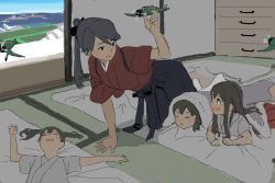 10s 4girls a6m_zero aged_down aircraft aircraft_carrier airplane akagi_(kancolle) drawer futon houshou_(kancolle) indoors kaga_(kancolle) kantai_collection mensoubou military military_vehicle multiple_girls propeller_fighter ship sleeping tatami toy_airplane under_covers warship watercraft zuikaku_(kancolle)