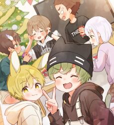 Rule 34 | 1girl, 4boys, :3, anger vein, angry, animal ear headwear, animal ears, aqua eyes, arm up, armband, arms up, beanie, black armband, black hat, black hoodie, black shirt, blank eyes, blonde hair, blue shirt, blush, brown hair, cake, can, christmas tree, closed eyes, closed mouth, commentary request, crew neck, crossed bangs, dai (far tarooo), double-parted bangs, drawstring, drink, drink can, facial mark, fake animal ears, fang, far tarooo, flat screen tv, food, fruit, green hair, grey eyes, hair between eyes, hair slicked back, hat, highres, holding, holding can, holding drink, hood, hood down, hoodie, horns, kneeling, layered sleeves, long sleeves, looking at viewer, multiple boys, noru (far tarooo), open mouth, overalls, patterned clothing, plate, print shirt, rabbit boy, rabbit ears, rotto (far tarooo), shirt, short hair, short over long sleeves, short sleeves, shorts, sideburns, sitting, smile, soda can, strawberry, string of flags, sweater, table, television, tongue, tongue out, tree, v, white hair, white hoodie, white horns, white overalls, white shorts, white sweater