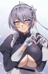 1girl apron azur_lane bellona_(armed_to_clean)_(azur_lane) bellona_(azur_lane) black_dress breasts chest_belt closed_mouth clothing_cutout commentary_request commission dress earrings frown gloves grey_hair hair_between_eyes heart heart_hands highres jewelry large_breasts light_blush long_sleeves looking_at_viewer maid maid_apron maid_headdress maitei_roppa official_alternate_costume pixiv_commission puffy_sleeves purple_eyes short_hair sidelocks solo standing sweat underboob underboob_cutout upper_body white_gloves