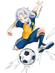 1girl akasode_matsuri_(inazuma_eleven) ball blue_shirt blue_shorts full_body grey_eyes grey_hair inazuma_eleven_(series) inazuma_eleven_victory_road open_mouth raimon raimon_soccer_uniform running shirt shorts simple_background soccer_ball soccer_uniform solo source_request sportswear twitter_username two-tone_shirt white_background ya-don yellow_shirt