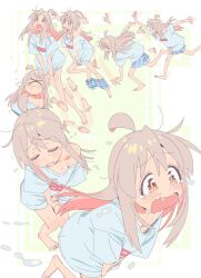 &gt;_&lt; 1girl absurdres afterimage ahoge bare_legs barefoot between_legs blush bottomless brown_eyes closed_eyes copyright_name cover cover_page flying_teardrops hand_between_legs have_to_pee highres imamura_ryou long_hair male_underwear male_underwear_pull multiple_views no_pants official_art onii-chan_wa_oshimai! oversized_clothes oversized_shirt oyama_mahiro pink_hair running sequential_exposures shirt short_sleeves simple_background striped_male_underwear t-shirt tears underwear wavy_mouth white_background white_shirt