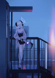 Rule 34 | 14yuruis, 1girl, absurdres, against railing, bare legs, bare shoulders, black choker, black dress, black hair, black shoes, blue archive, breasts, cardigan, choker, collarbone, commentary, demon horns, demon wings, dress, full body, grey cardigan, grey hair, gun, h&amp;k p30, hair between eyes, halo, handgun, highres, holding, holding gun, holding weapon, horns, jewelry, kayoko (blue archive), kayoko (dress) (blue archive), looking to the side, multicolored hair, necklace, railing, shoes, single wing, small breasts, solo, two-tone hair, weapon, wings