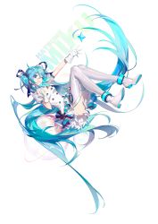 1girl absurdres aqua_hair blue_eyes blush boots bow bowtie breasts buttons character_name dress full_body gloves hat hatsune_miku highres long_hair looking_at_viewer mini_hat one_eye_closed puffy_short_sleeves puffy_sleeves shiny_clothes shiny_skin short_dress short_sleeves simple_background small_breasts smile thigh_boots thighhighs twintails very_long_hair vocaloid white_gloves yyb zettai_ryouiki