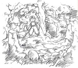1990s_(style) 1boy cave child concept_art creatures_(company) egg flashlight game_freak gen_1_pokemon monochrome nintendo official_art pokemon pokemon_(creature) pokemon_rgby red_(pokemon) retro_artstyle rhydon sketch sugimori_ken