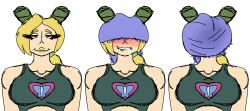 Rule 34 | 1girl, absurdres, aroused, atomic wedgie, bare shoulders, blonde hair, blue panties, blush, breasts, bun with braided base, cone hair bun, covered eyes, double bun, female pervert, green hair, green lips, hair bun, highres, jojo no kimyou na bouken, jolynecujohwedgie, kuujou jolyne, multicolored hair, object on head, panties, panties on head, panty mask, pervert, ponytail, self-upload, short hair, smile, solo, steam, stone ocean, transparent background, two-tone hair, underwear, underwear on head, wedgie