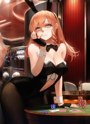 1girl animal_ears bow bowtie breasts fake_animal_ears fingerless_gloves gloves highres leotard looking_at_viewer medium_breasts mirror obaoba_(monkeyix) original pantyhose playboy_bunny poker_chip smile wrist_cuffs