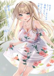 1girl absurdres bare_shoulders blonde_hair blush bowing breasts cleavage collarbone curtsey dress floral_print green_eyes hanging_breasts highres jewelry large_breasts leaning_forward lifting_own_clothes long_hair looking_at_viewer necklace open_mouth original oryo_(oryo04) print_dress see-through_clothes see-through_dress skirt_hold smile solo standing translation_request two_side_up white_dress