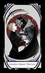 1boy 1girl alien commander_shepard commander_shepard_(female) couple deviantart english_text grabbing_another&#039;s_chin hand_on_another&#039;s_chin lrtrevelyan mass_effect_(series) saren_arterius turian